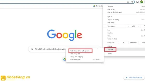 Bước 2: Chọn "Trợ giúp" và sau đó chọn "Giới thiệu Google Chrome".