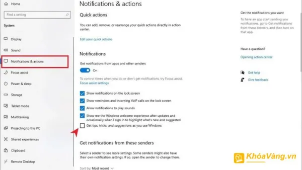Chọn thẻ Notification & actions