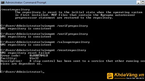 Mở Command Prompt với quyền quản trị và chạy lệnh sau: "winmgmt /verifyrepository"