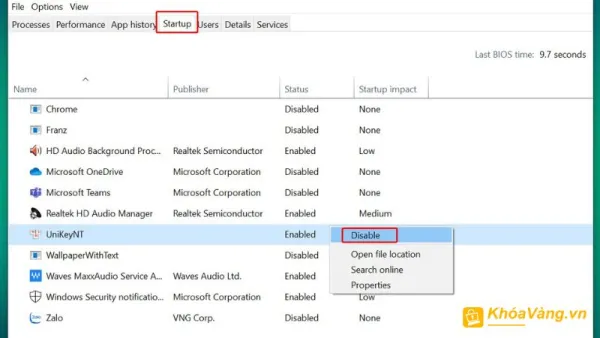 Chọn Disable để tắt các phần mềm chạy ngầm