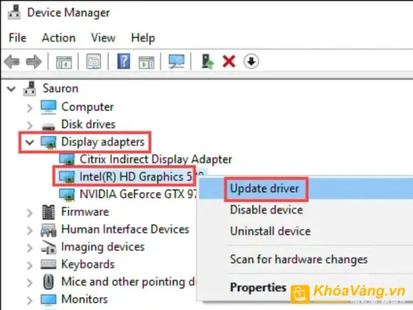 Nhấp chuột phải vào Display adapters của bạn và chọn tùy chọn Update driver