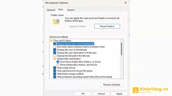 Cửa sổ mới sẽ bật lên >> View tab >>> Lựa chọn Always show icons, never thumbnail