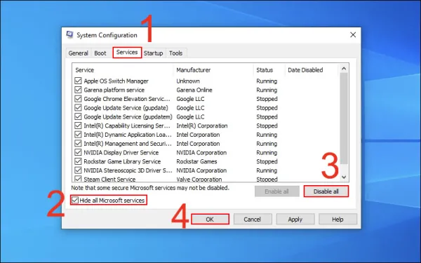 Hide all Microsoft services tiếp tục chọn Disable all t