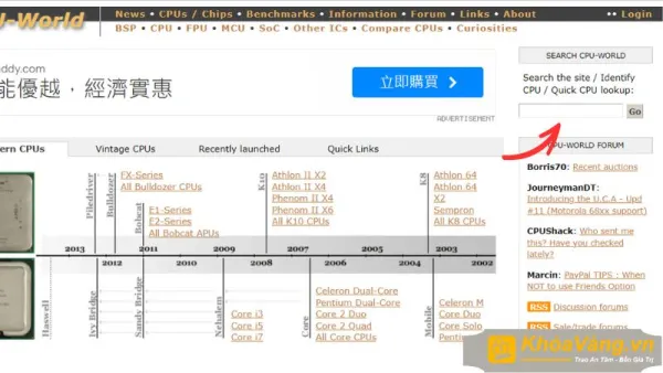 Nhập tên CPU cần so sánh vào ô tìm kiếm