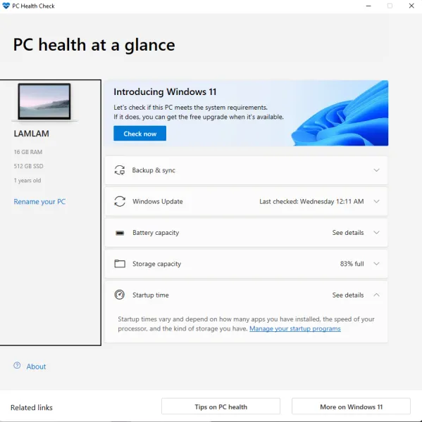 Cách kiểm tra thông số trên Windows PC Health Check
