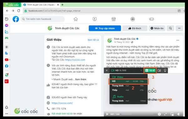 Cách tải video từ facebook về laptop bằng trình duyệt Cốc Cốc