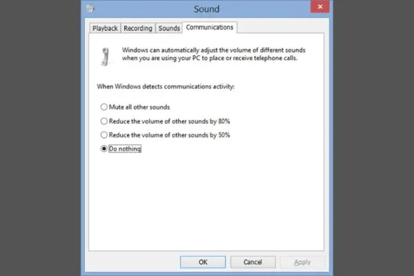 Check cài đặt Communications khắc phục lỗi âm thanh laptop lúc to lúc nhỏ