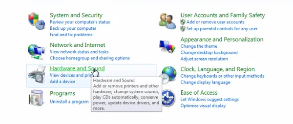 Chọn mục Hardware and Sound.