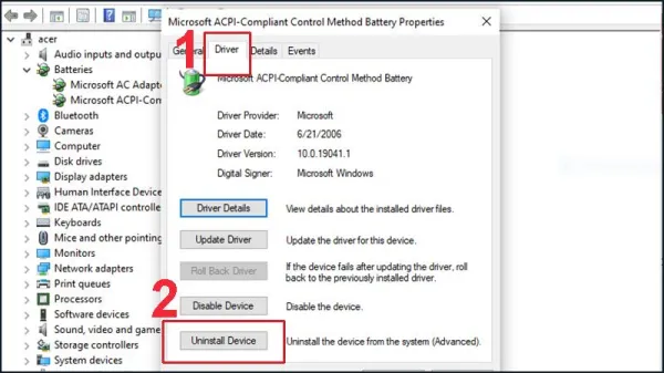  Nhấp chọn Uninstall Device để xóa trình điều khiển pin của máy. 