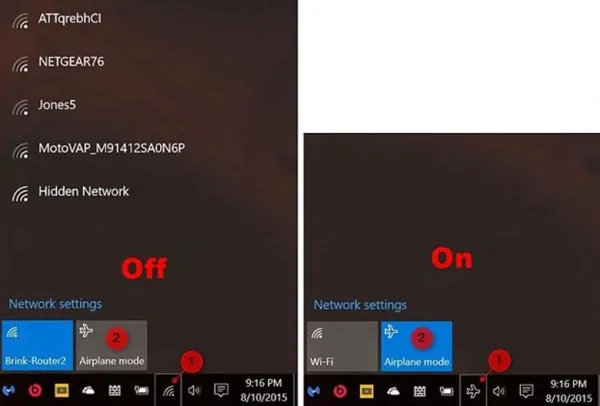 Tắt chế độ máy bay trong máy tính bằng biểu tượng mạng hiện trên laptop
