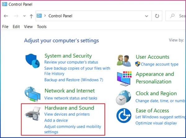  chọn Hardware and Sound