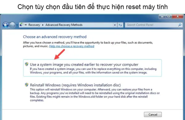 khôi phục máy tính về trạng thái ban đầu win 7 bằng Control Panel