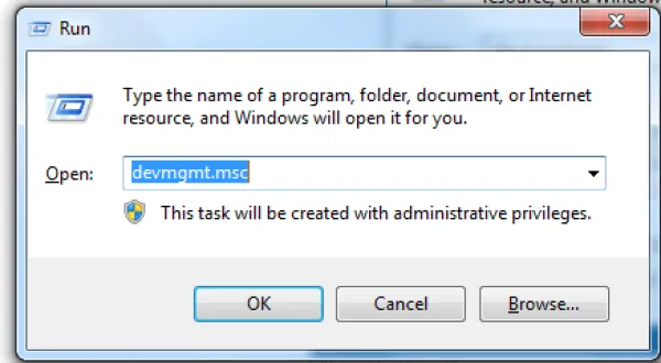 nhập lệnh devmgmt.msc vào hộp thoại run rồi nhấn Enter hoặc OK