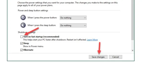  mục Turn on fast startup và nhấn Save changes để lưu lại toàn bộ thay đổi. 