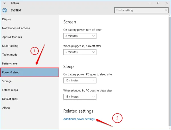 tìm và nhấp vào liên kết Additional power settings.