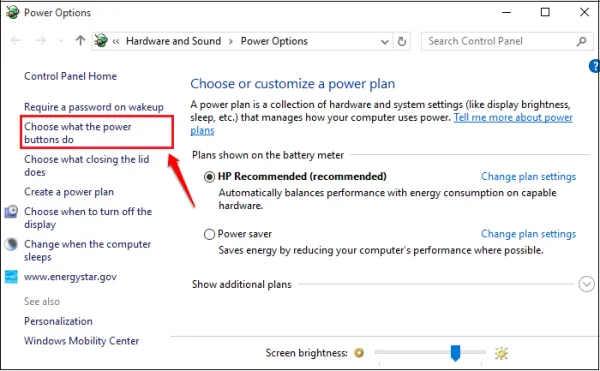 tìm và nhấp vào liên kết Additional power settings.