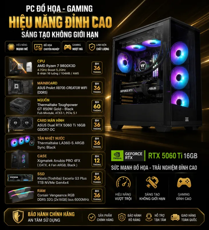 PC Đồ Họa AMD Ryzen 7 9800X3D RTX 5060 Ti